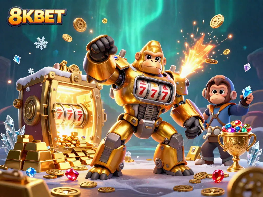 Win big at 8KBET with a dynamic scene of a golden gorilla mech smashing through a treasure vault.