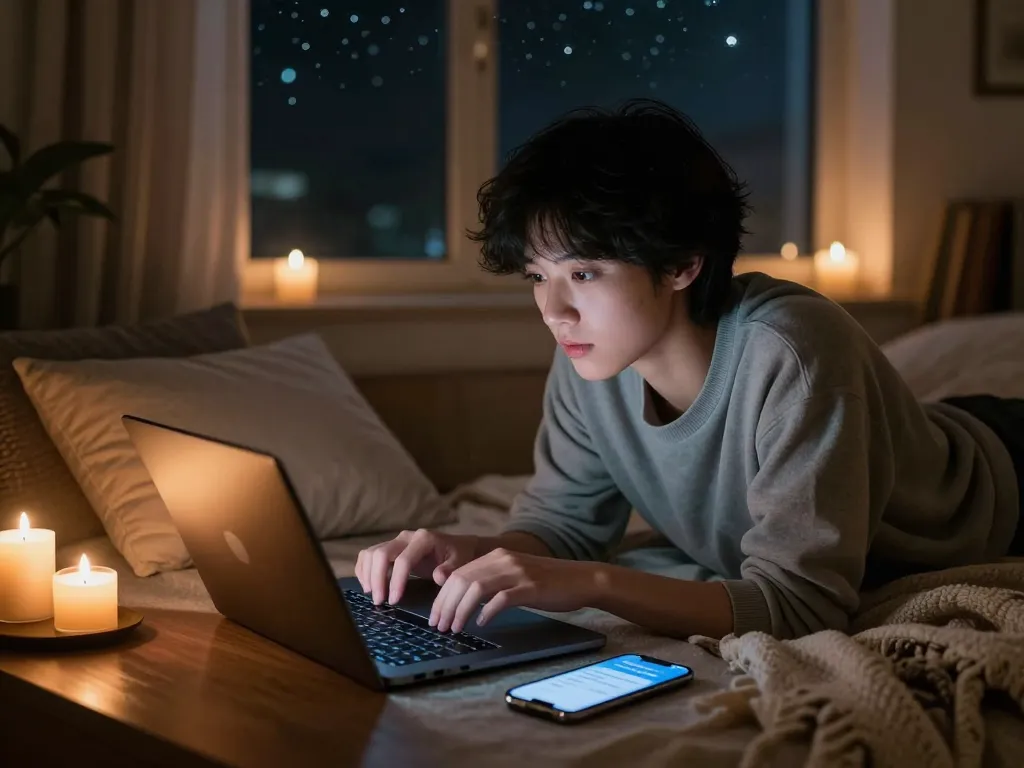 Engaging in free ai sex chat on a laptop amid soft lighting and cozy decor.