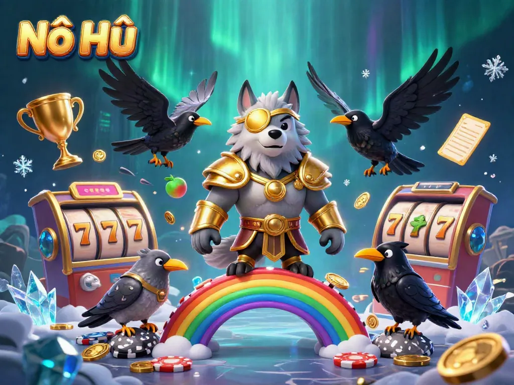 Spin to win with Nổ Hũ, showcasing vibrant slot reels and mythical characters in a thrilling casino scene.
