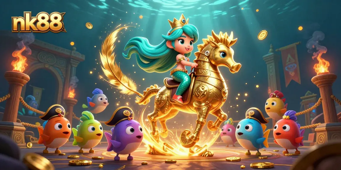 Join the adventure at nk88, where a mermaid princess rides a seahorse amidst vibrant casino elements and golden treasures.