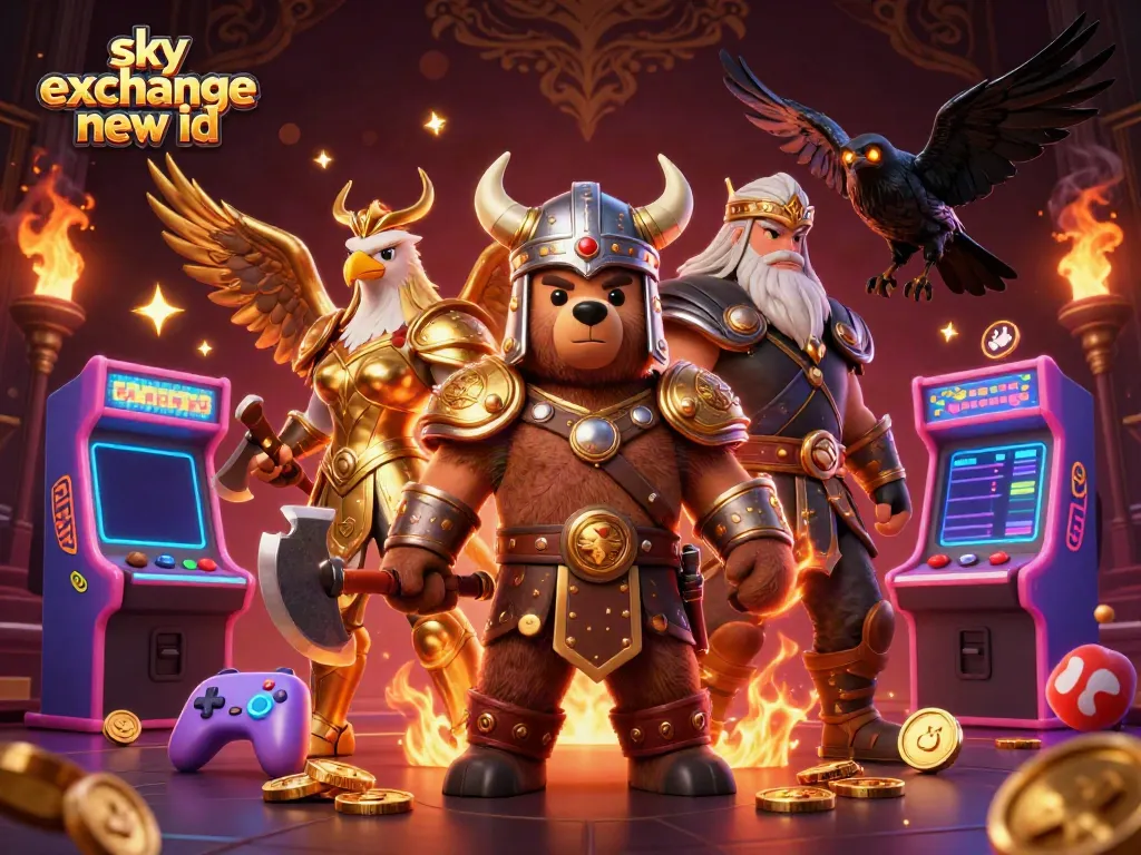 Engage with sky exchange new id in an exciting 3D casino scene featuring warriors and game machines.