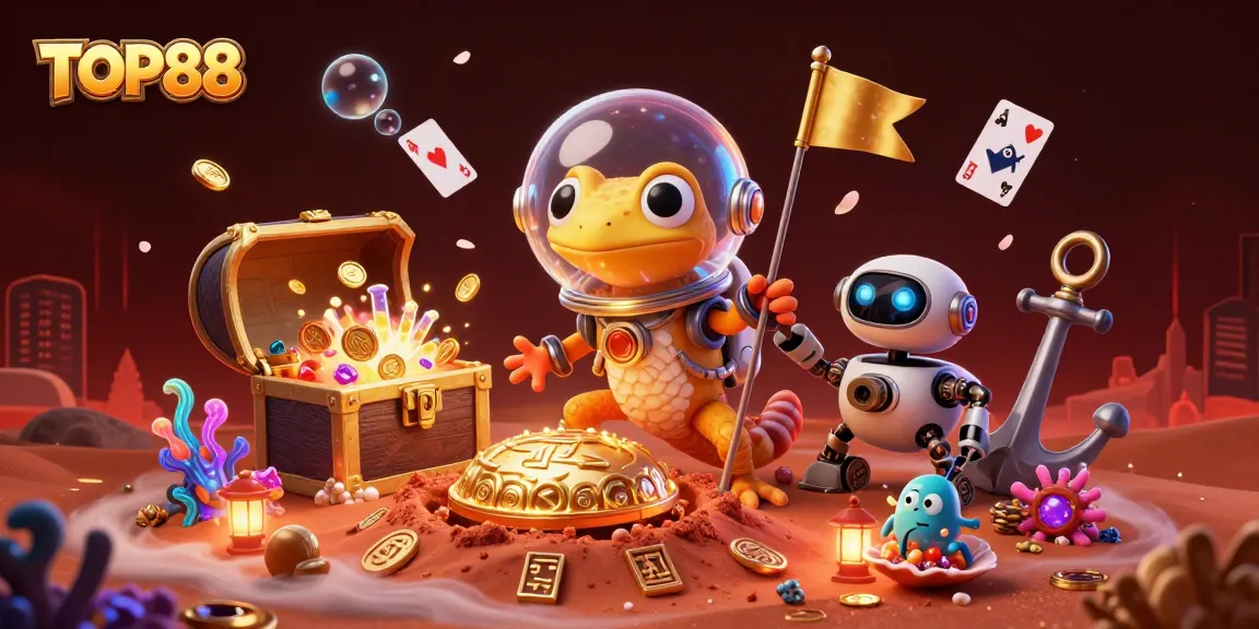 TOP88 showcases a playful Martian gecko discovering a golden casino amid vibrant gaming elements.