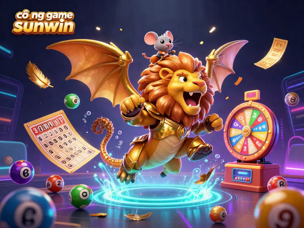 Experience the cổng game sunwin with colorful lottery balls and vibrant casino elements enhancing a thrilling gaming atmosphere.