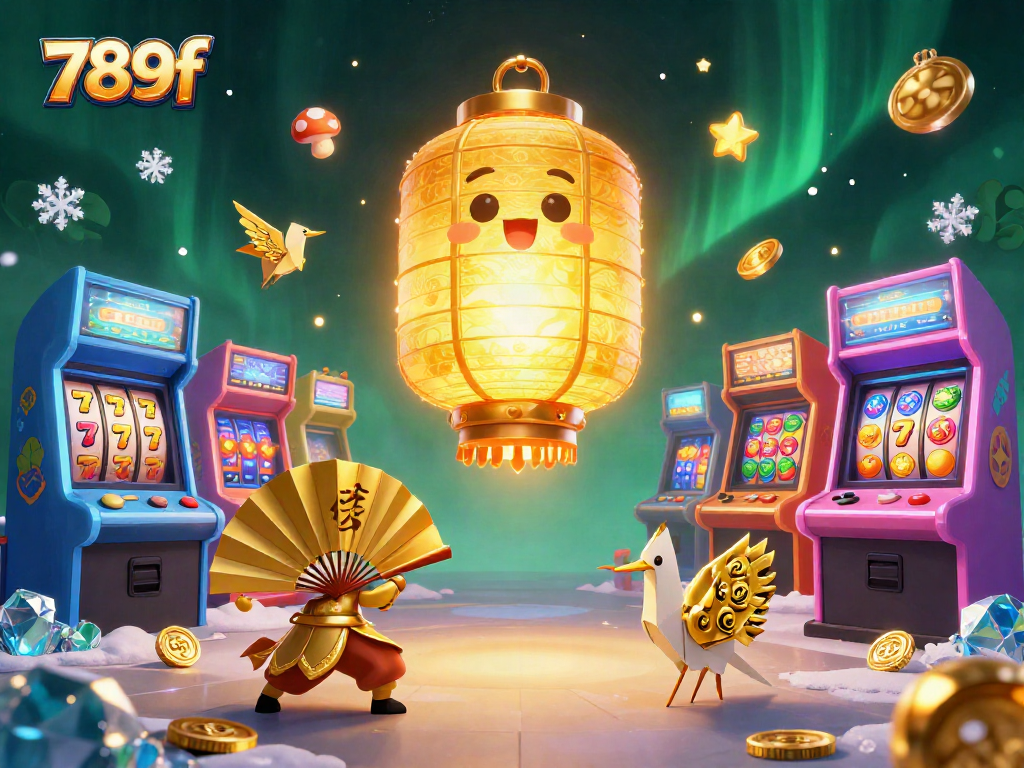 Experience excitement with 789f in a vibrant casino scene featuring golden lantern spirits and slot games.
