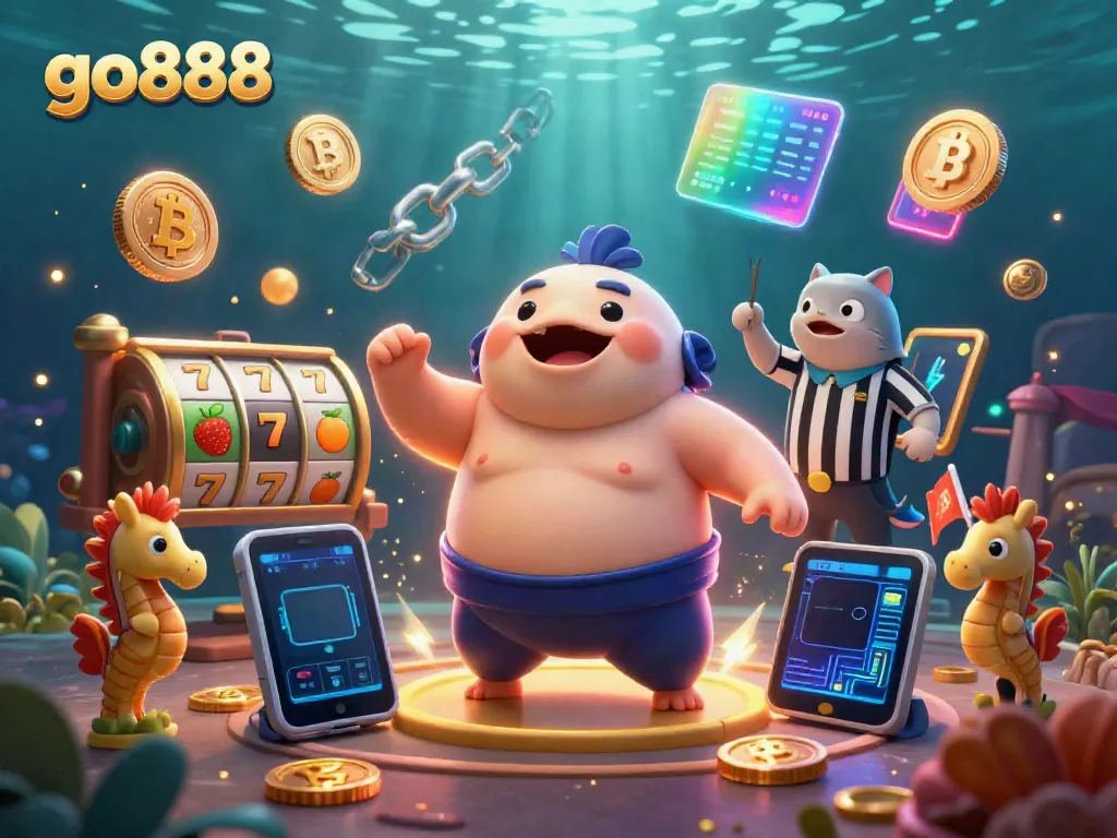 Experience exciting wins with go888 in this vibrant 3D casino-themed underwater scene.