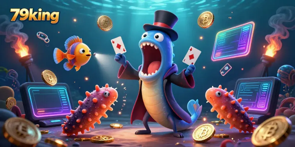 79king features a magical underwater scene with a gulper eel and anglerfish performing gambling-themed tricks.
