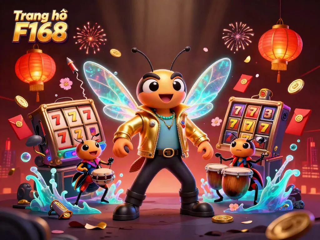 Experience the excitement of Trang chủ F168 with a vibrant 3D illustration showcasing a cicada rock star in a golden jacket and dynamic casino elements.