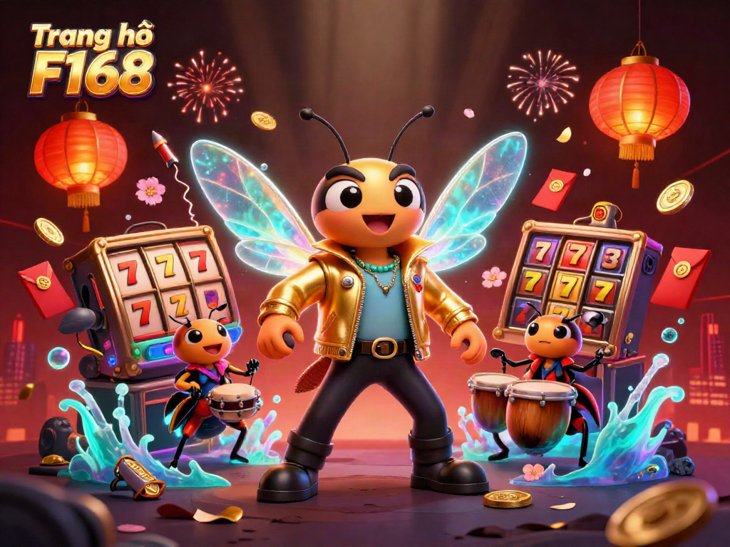 Experience the excitement of Trang chủ F168 with a vibrant 3D illustration showcasing a cicada rock star in a golden jacket and dynamic casino elements.