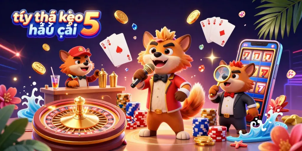 Engage with the vibrant comedy casino scene showcasing tỷ lệ kèo nhà cái 5, featuring hyenas in dynamic gambling activities.