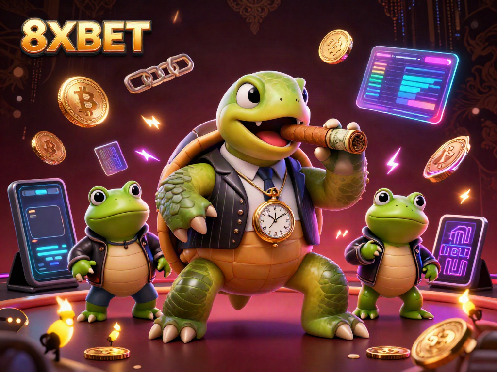 Engage in thrilling gambling adventures with 8XBET and its unique characters amidst a vibrant casino atmosphere.