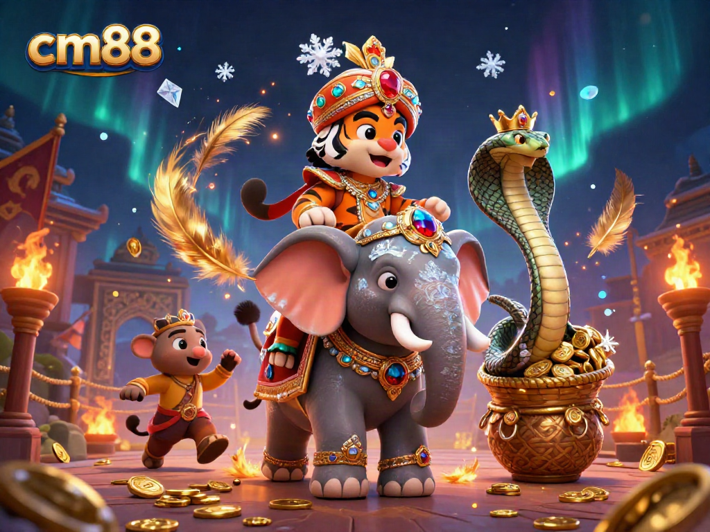 Engage in thrilling gameplay featuring cm88’s vibrant tiger and elephant in a dynamic casino scene.