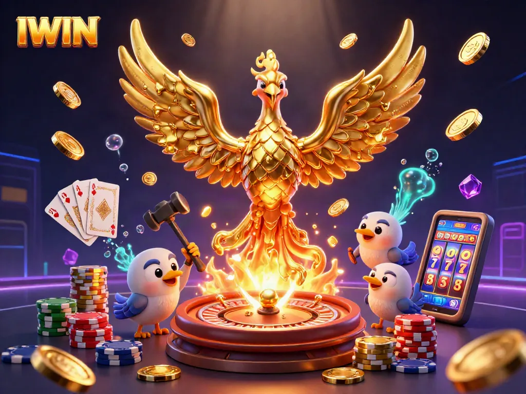 IWIN brand showcases thrilling casino gameplay with golden phoenix and sparkling coins