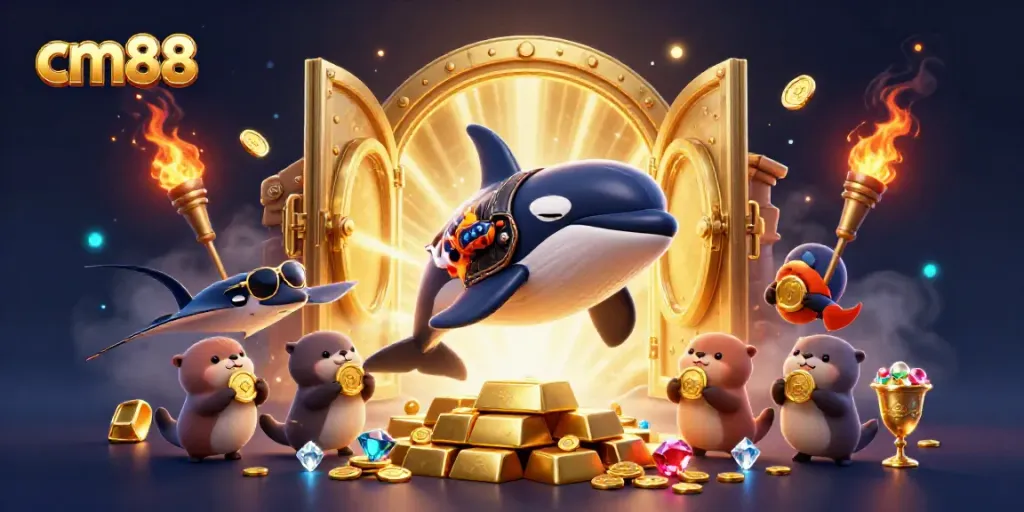 Spin to win with cm88 at an animated casino, featuring vibrant characters and treasures.