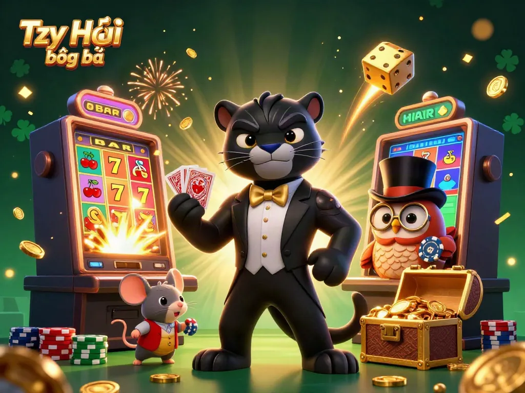 Place bets on Tỷ lệ bóng đá with a stylish panther dealer and friends celebrating wins!