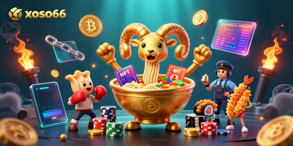Join the action at xoso66 with a golden ramen bowl dealer surrounded by vibrant gaming elements.