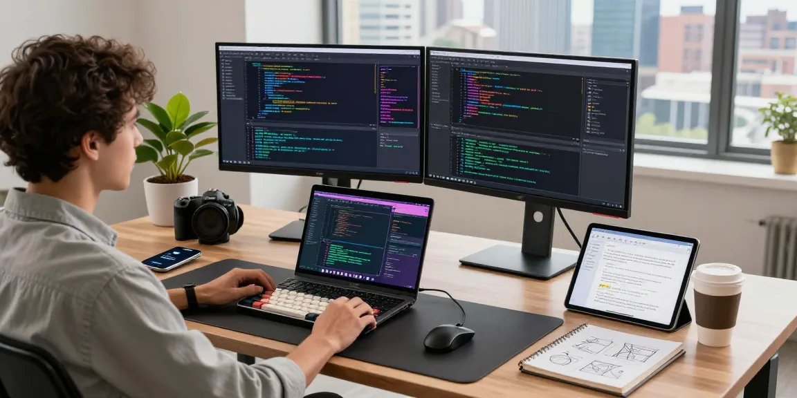 快连 developer working efficiently at a modern workspace with coding screens and coffee