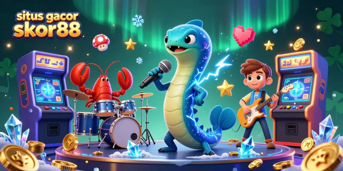Engage in thrilling gaming action at situs gacor skor88 with vibrant underwater casino scenes showcasing electric eel, lobster drummer, and seahorse guitarist.