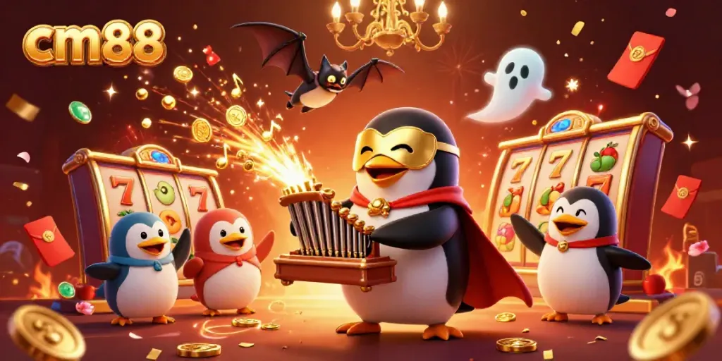 Experience gaming excitement with cm88 in a vibrant casino-style illustration featuring a penguin and dynamic gaming elements.