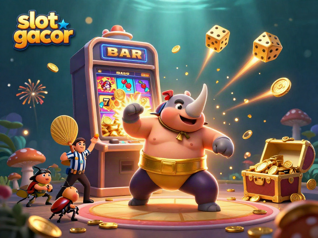 Experience excitement with slot gacor as a rhinoceros beetle champion stomps gold coins in a vibrant casino illustration.