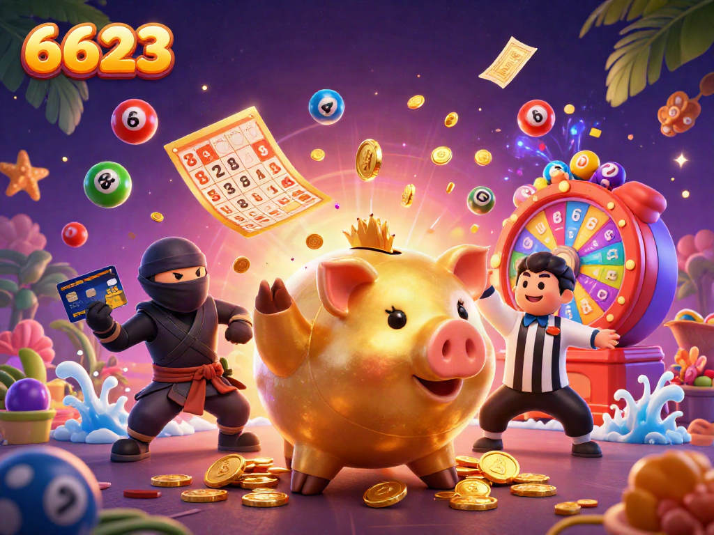 Join the fun at 6623 with an energetic scene of gambling excitement featuring dynamic characters and lottery elements.