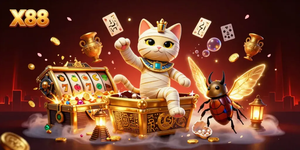 X88 casino illustration featuring a mummy cat and a scarab beetle with glowing wings in a vibrant gaming scene.