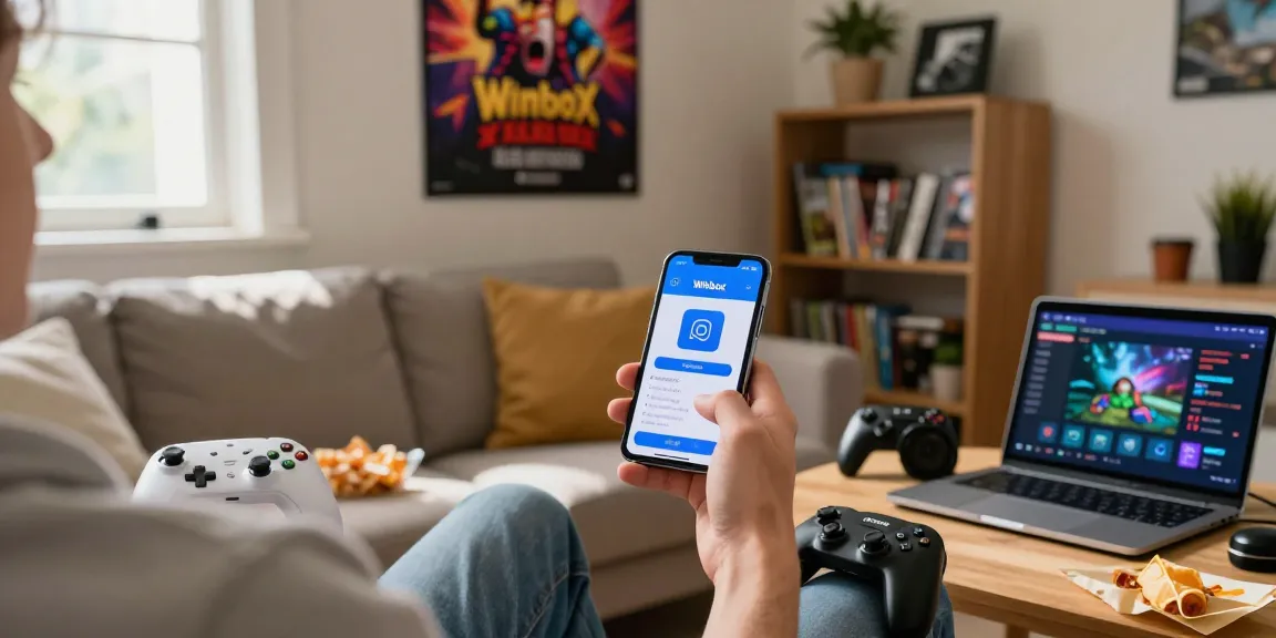 Winbox download in progress on smartphone in a cozy living room with gaming accessories.