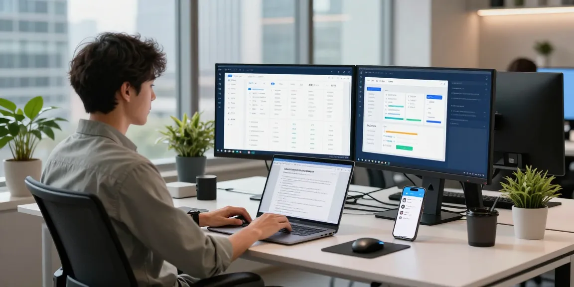 快连 application displayed on sleek monitors in a modern tech workspace with vibrant lighting.