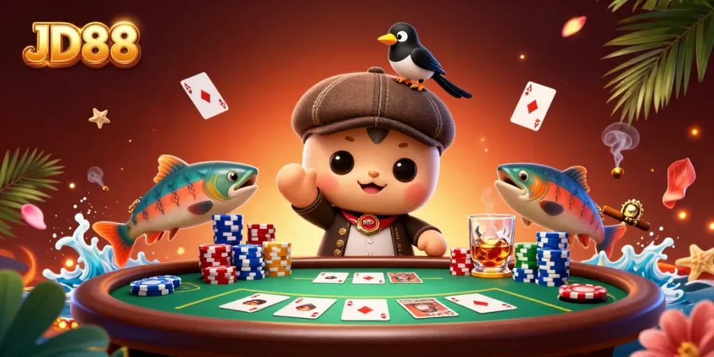 Engage in thrilling JD88 online casino action with 3D cartoon Nessie and vibrant game elements.