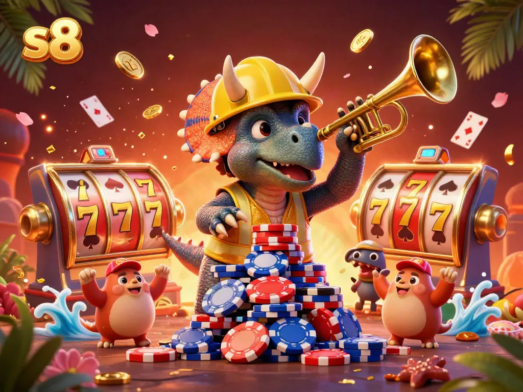 Engage in thrilling s8 casino action with a festive scene featuring characters celebrating amidst colorful poker games and joyful confetti.