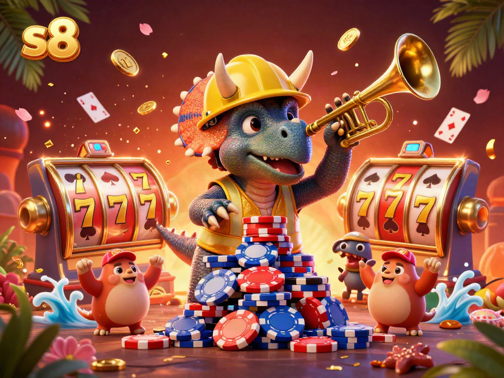 Engage in thrilling s8 casino action with a festive scene featuring characters celebrating amidst colorful poker games and joyful confetti.