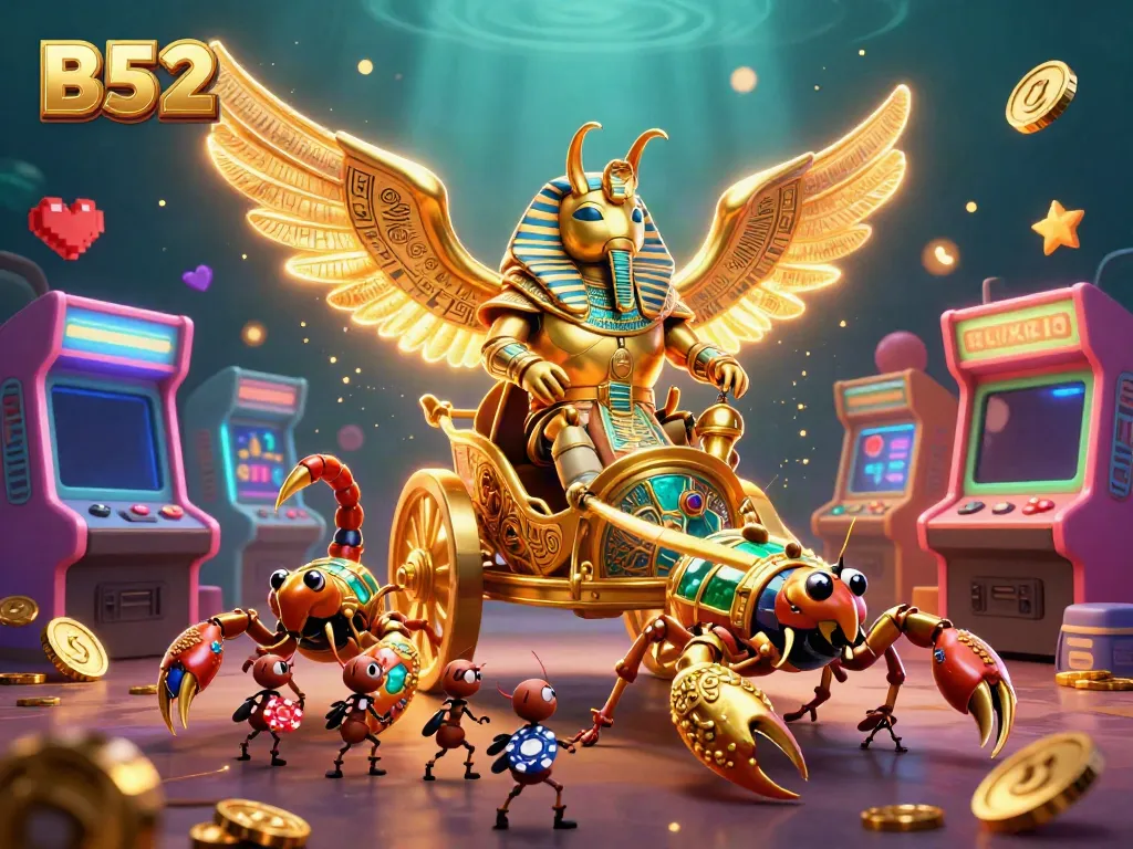Engage with exciting casino action featuring B52's vibrant 3D illustration of a golden scarab beetle in a rich gaming scene.