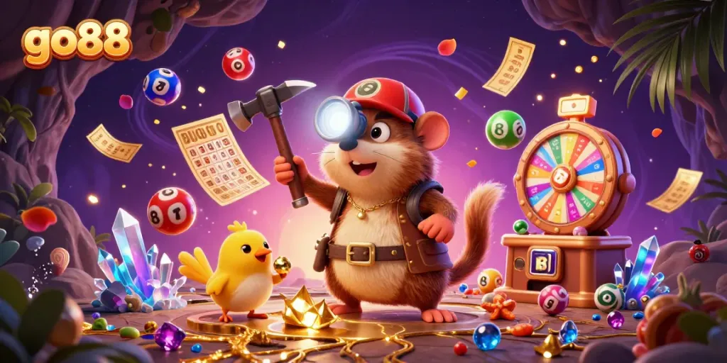 Experience go88 excitement with a treasure hunter mole and canary, amidst vibrant casino visuals.