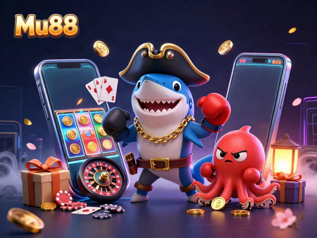Engage and win with Mu88 in this vibrant 3D cartoon casino illustration featuring characters and gambling elements.