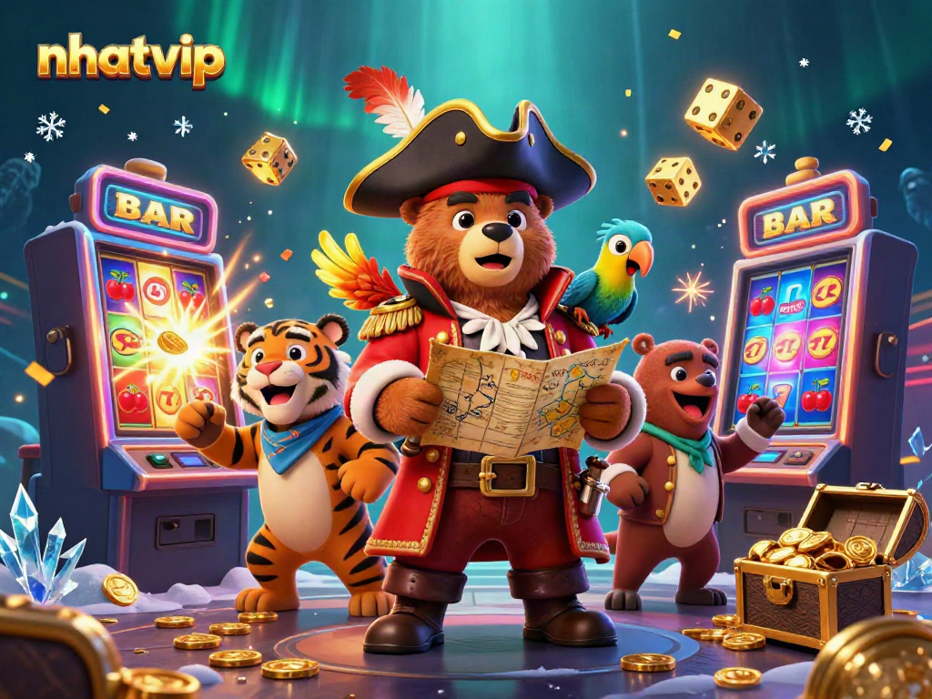 Nhatvip offers thrilling jackpot action with playful pirate characters in a casino atmosphere.