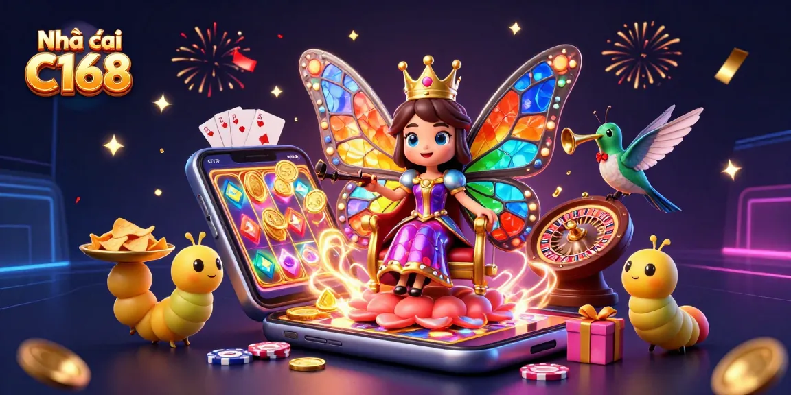 Engage with Nhà cái C168 gameplay featuring a vibrant 3D casino scene with coins and colorful slot games.