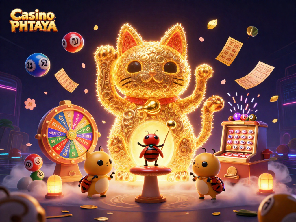 Casino PHTAYA showcases vibrant gaming excitement with animated fireflies, lottery balls, and dynamic prize elements.