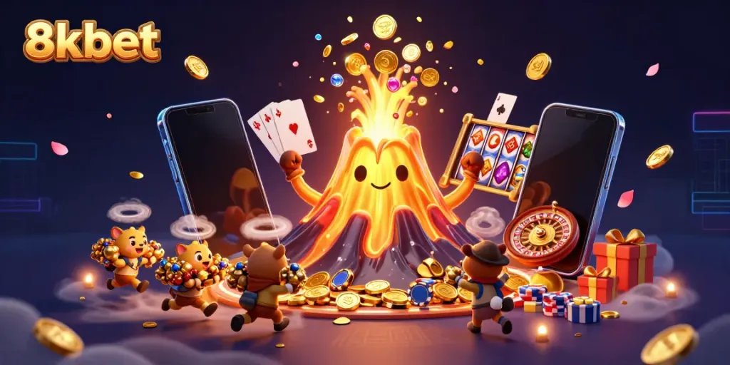 Feel the thrill at 8kbet with a golden volcano erupting coins and treasure in a vibrant casino scene.