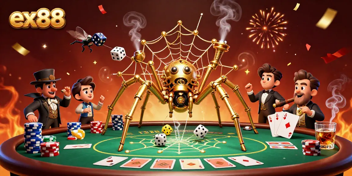 Experience ex88 excitement with steampunk elements and poker-themed illustration full of dynamic casino action.