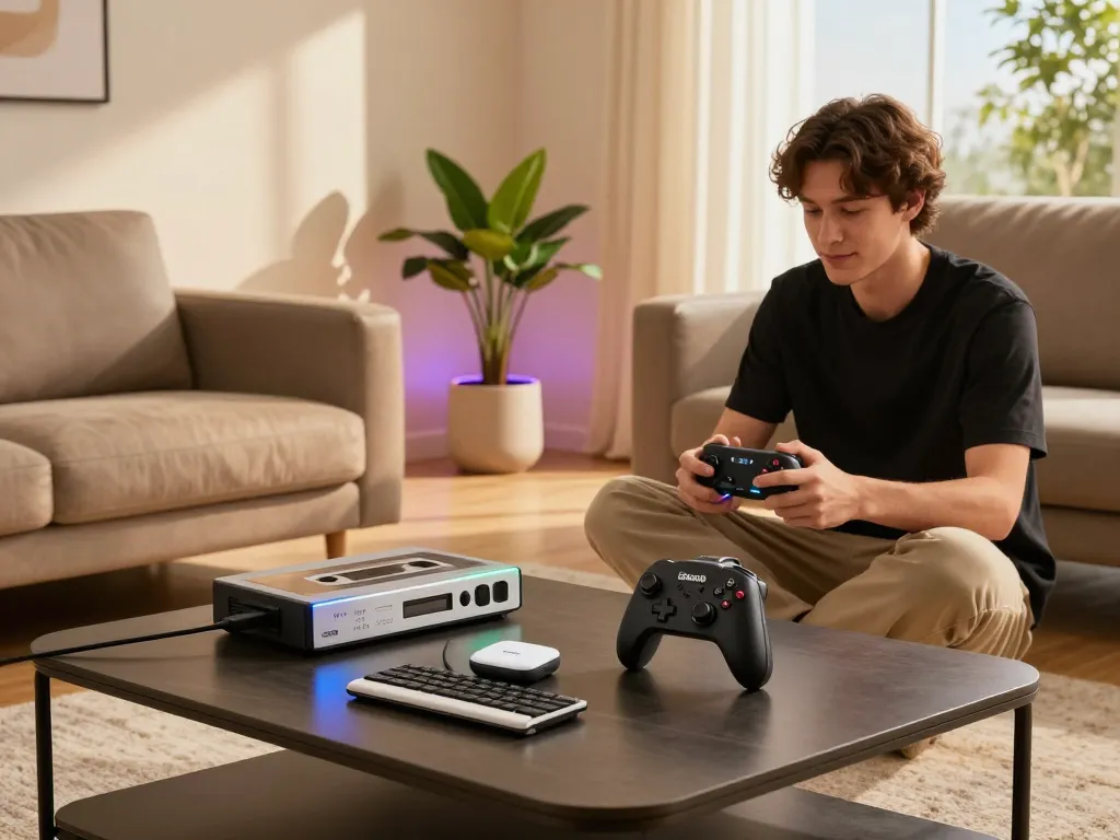Engaging lifestyle scene with trending tech gadgets, including 8BitDo Ultimate 2 and Tile Mate, in a modern living room setting.