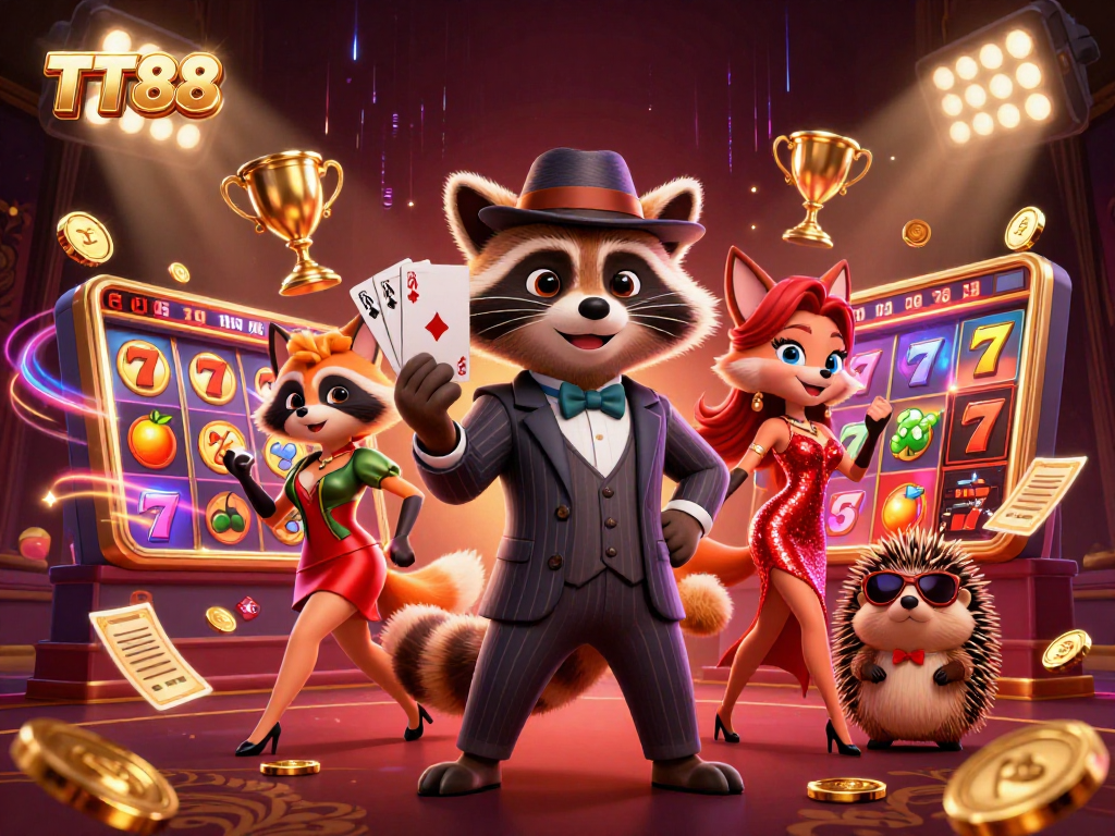 TT88's exciting online atmosphere with a suave raccoon, glamorous fox, and dynamic slot game elements.