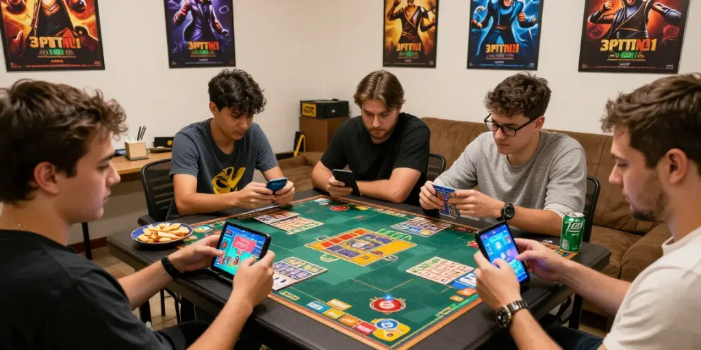 Engaged players enjoying 3 Patti No1 app in a lively gaming environment with snacks and colorful graphics.
