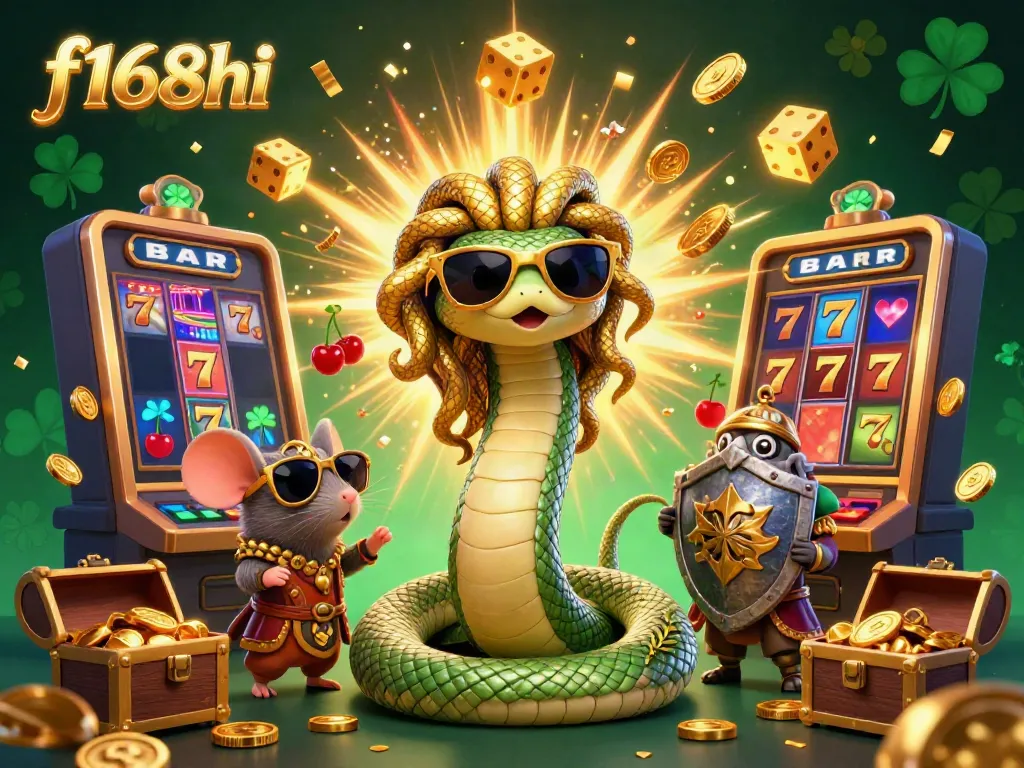 Experience the thrill of f168hi with a vibrant 3D illustration featuring jackpots, golden characters, and casino excitement.