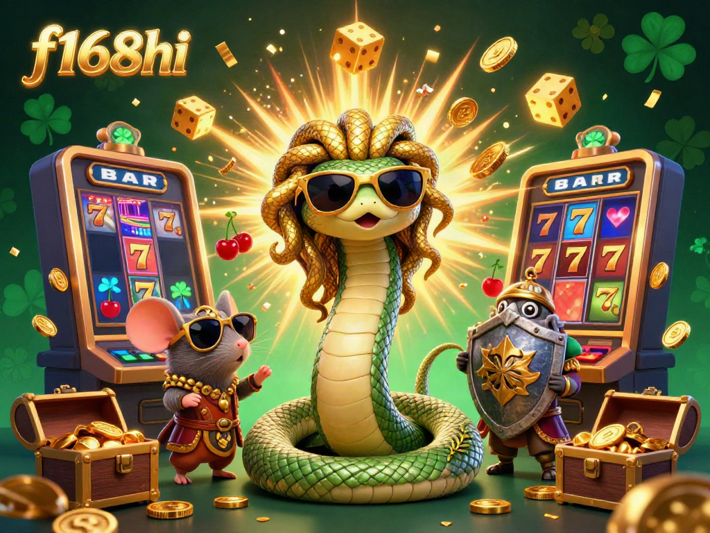 Experience the thrill of f168hi with a vibrant 3D illustration featuring jackpots, golden characters, and casino excitement.
