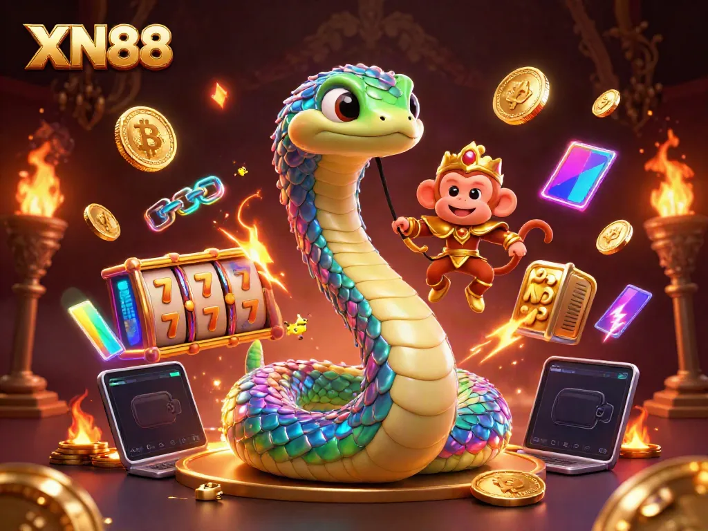Experience XN88's thrilling casino adventure with a colorful rainbow serpent and monkey king amidst vibrant slots and crypto elements.