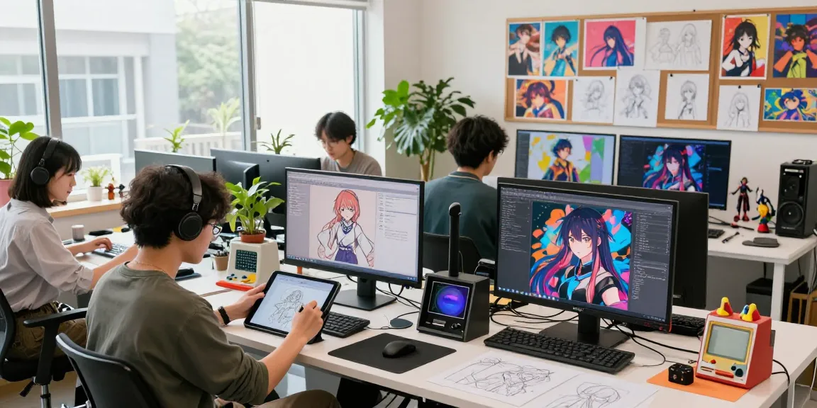 Artists creating AI ecchi art in a collaborative studio environment.