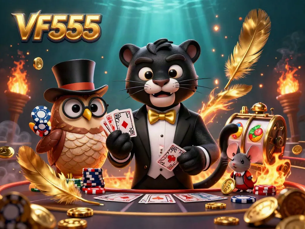 Engage with cutting-edge VF555 gaming as a stylish panther deals cards in an atmospheric casino.