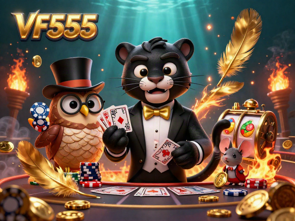 Engage with cutting-edge VF555 gaming as a stylish panther deals cards in an atmospheric casino.