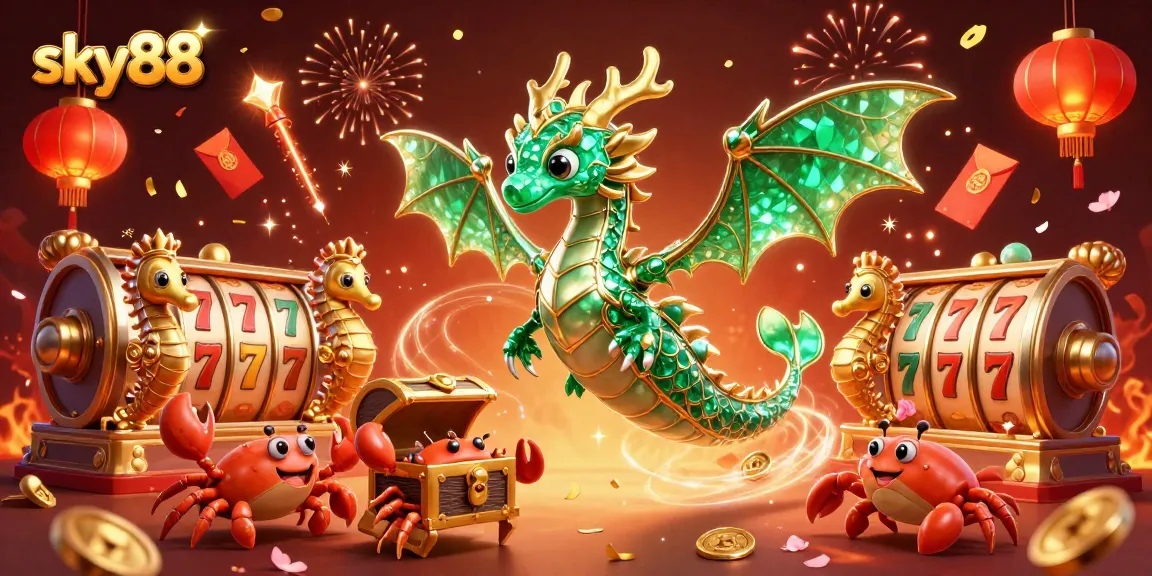 Experience the thrill of sky88 with a vibrant sea dragon and stylish slot reels in a magical scene.