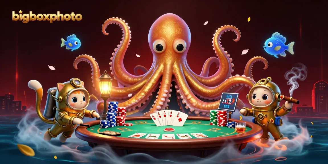 Bigboxphoto showcases an engaging card game scene with a colossal kraken and diving cat.