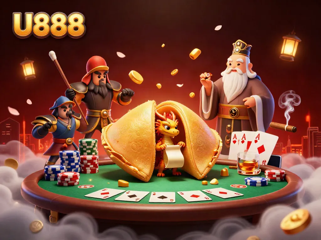 U888 activates the fun with a golden fortune cookie game scene featuring a dragon and playful warriors.